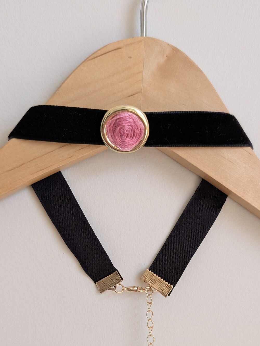 Black Velvet Choker Short Necklace With Hand Embroidered Pink Rose Flower Gold